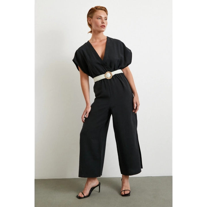 Kemer Detaylı Yarasa Kol Tulum Siyah