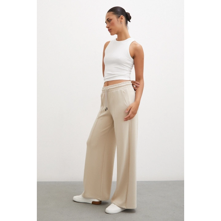 Kemeri Lastikli Pantolon Krem