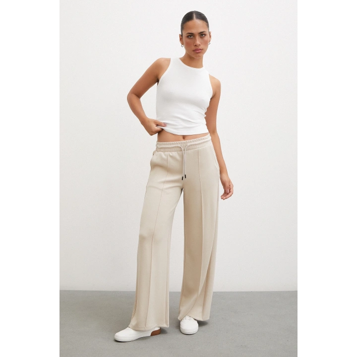 Kemeri Lastikli Pantolon Krem