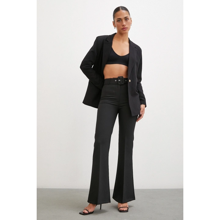 Kemerli İspanyol Paça Pantolon Siyah