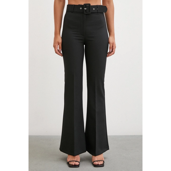 Kemerli İspanyol Paça Pantolon Siyah