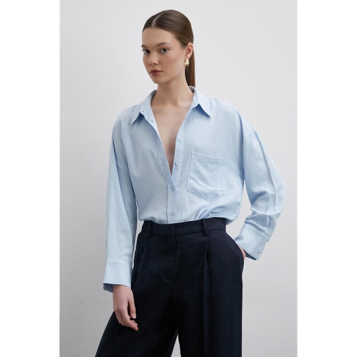 Keten Görünümlüı Linen Prunes Gömlek Mavi