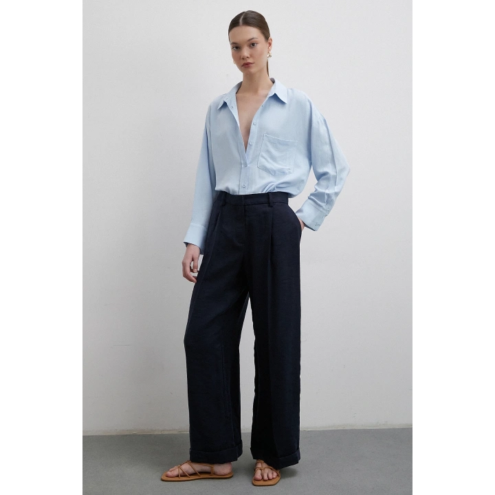 Keten Görünümlüı Linen Prunes Gömlek Mavi