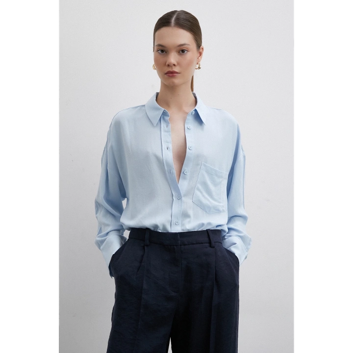 Keten Görünümlüı Linen Prunes Gömlek Mavi