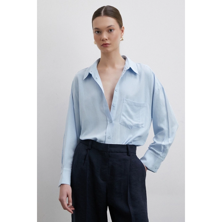 Keten Görünümlüı Linen Prunes Gömlek Mavi
