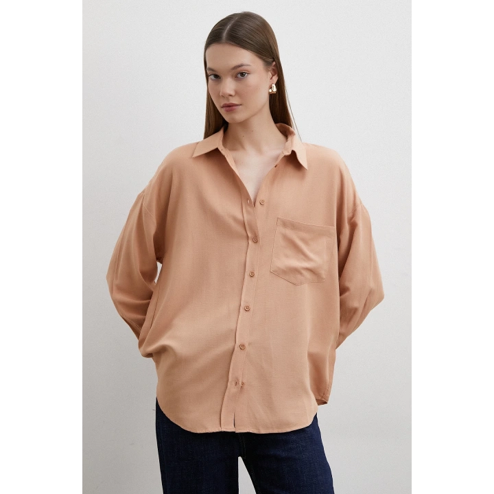 Keten Görünümlüı Linen Prunes Gömlek Pudra