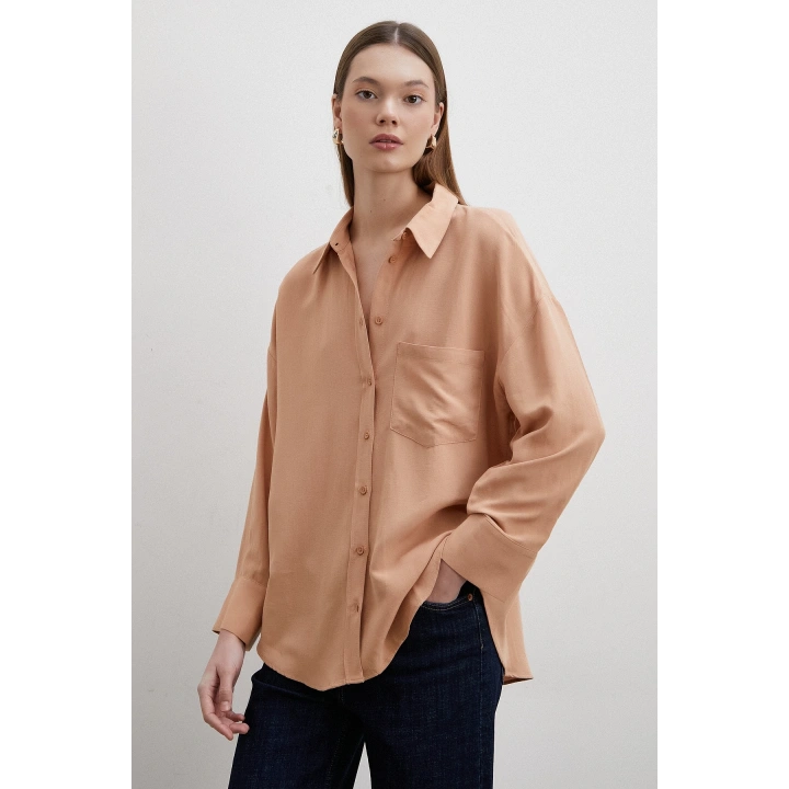 Keten Görünümlüı Linen Prunes Gömlek Pudra