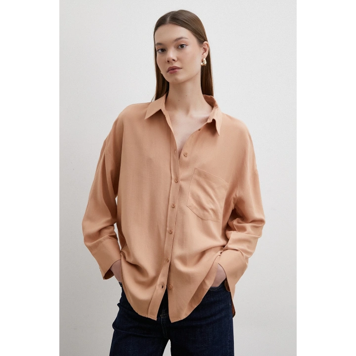 Keten Görünümlüı Linen Prunes Gömlek Pudra