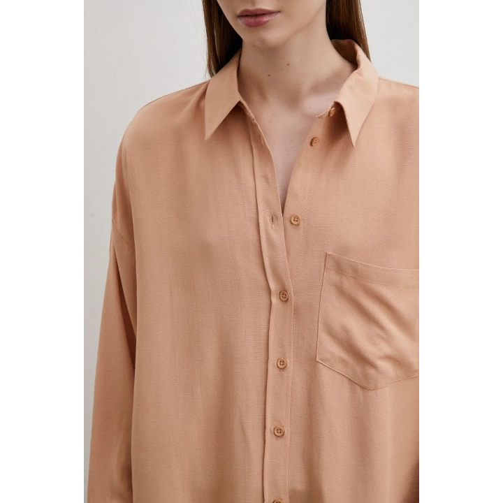 Keten Görünümlüı Linen Prunes Gömlek Pudra