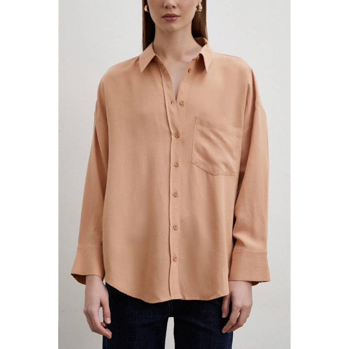 Keten Görünümlüı Linen Prunes Gömlek Pudra
