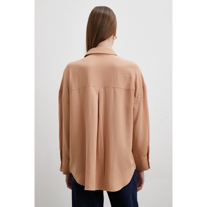 Keten Görünümlüı Linen Prunes Gömlek Pudra