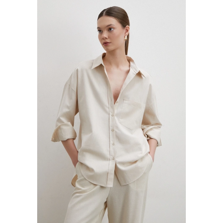 Keten Karışımlı Dökümlü Gömlek Bej