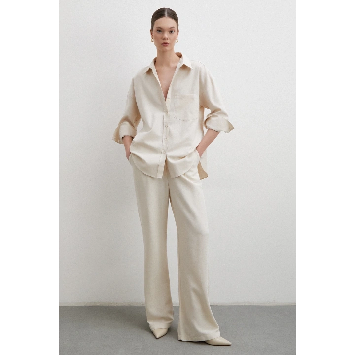 Keten Karışımlı Dökümlü Gömlek Bej