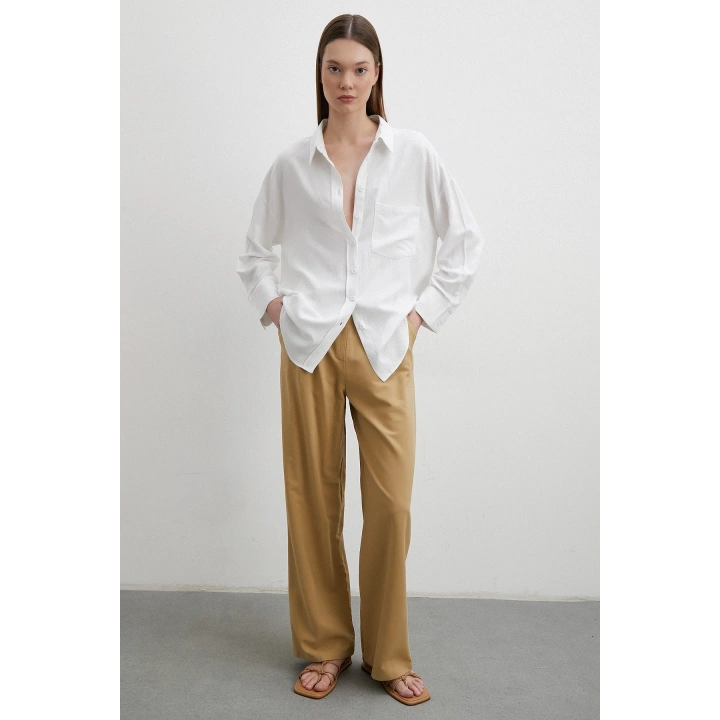 Keten Karışımlı Linen Prunes Gömlek Beyaz