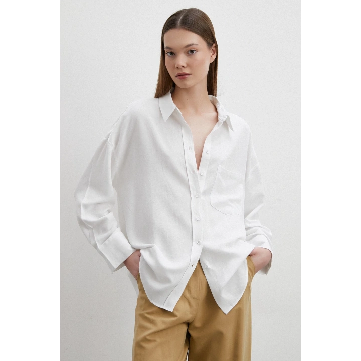 Keten Karışımlı Linen Prunes Gömlek Beyaz