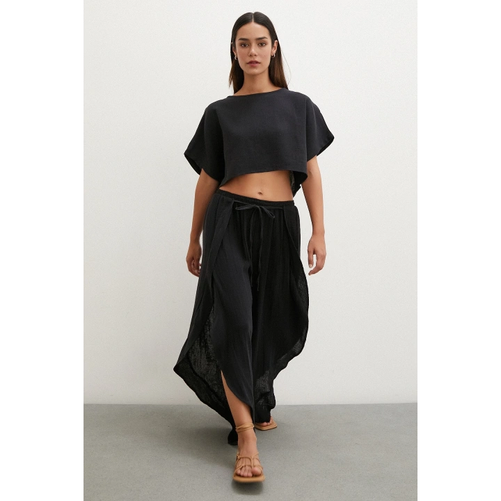 Keten Şalvar Takım Siyah