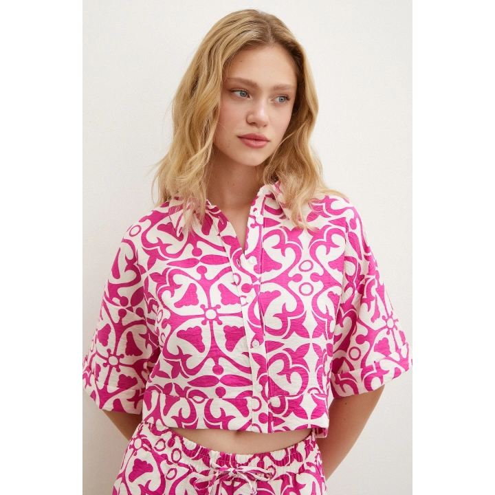 Kısa Kollu Crop Gömlek Fuşya