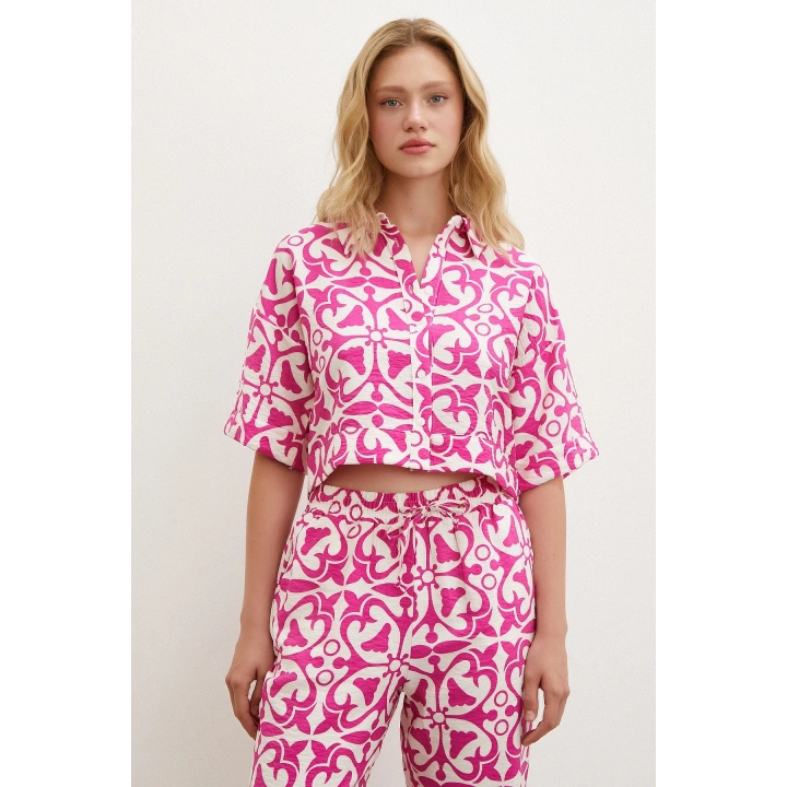 Kısa Kollu Crop Gömlek Fuşya