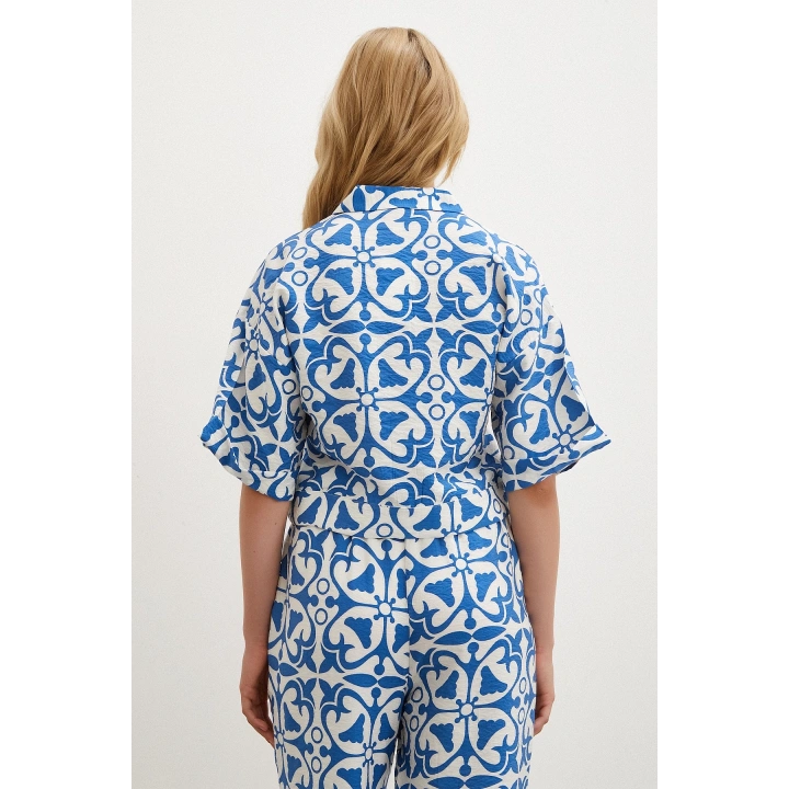 Kısa Kollu Crop Gömlek Mavi