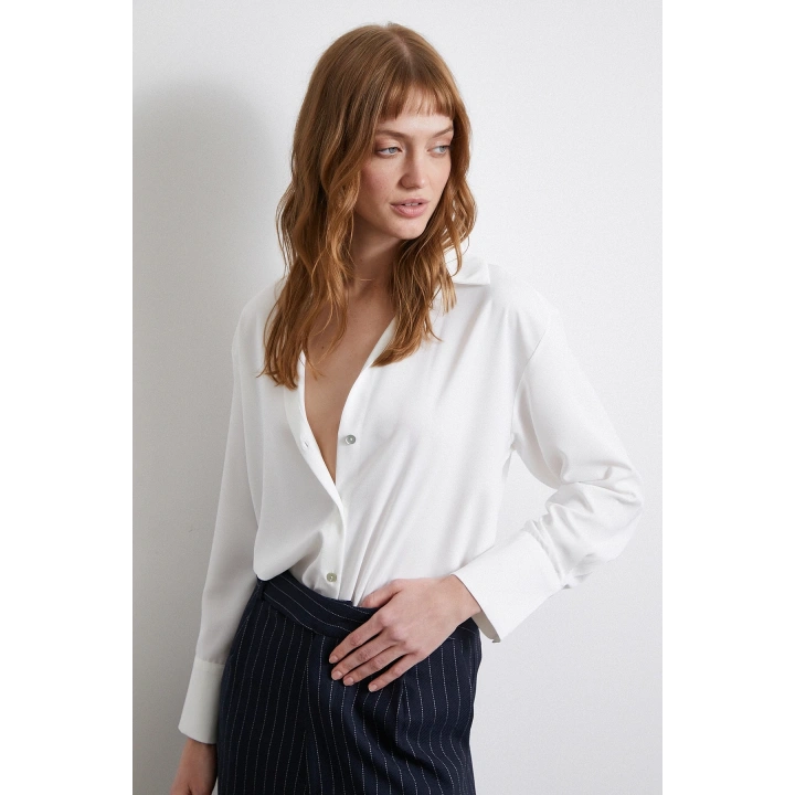 Klasik Saten Gömlek Ekru