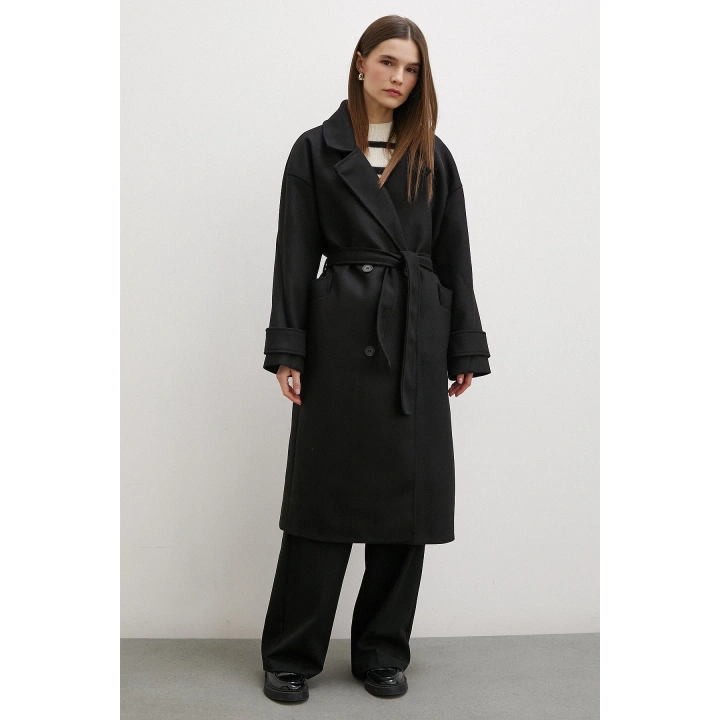 Kol Detaylı Robalı Kaşe Kaban Siyah