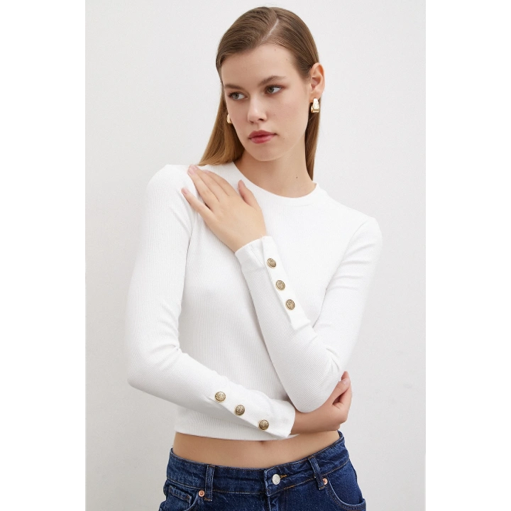 Kolu Düğmeli Bluz Beyaz