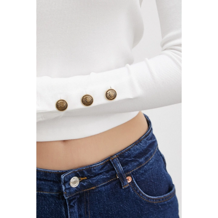 Kolu Düğmeli Bluz Beyaz