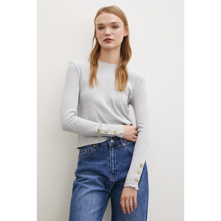 Kolu Düğmeli Bluz Gri