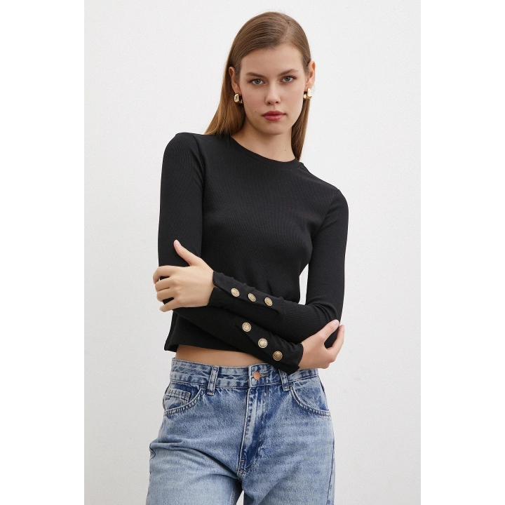 Kolu Düğmeli Bluz Siyah