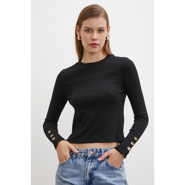 Kolu Düğmeli Bluz Siyah