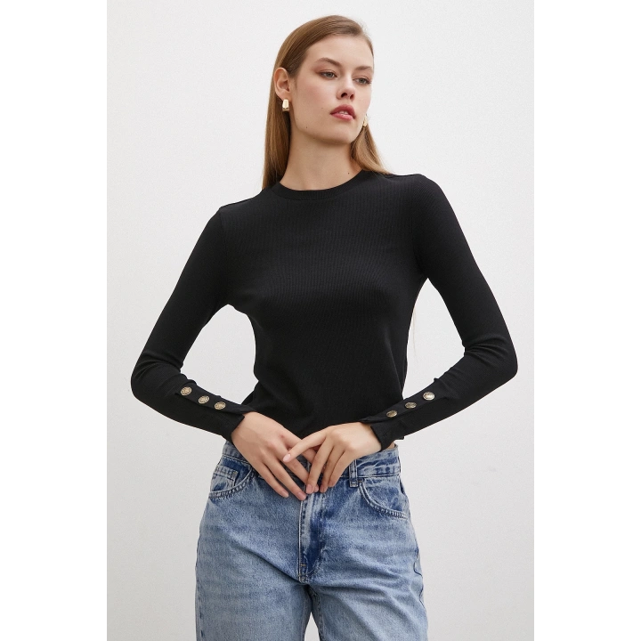 Kolu Düğmeli Bluz Siyah