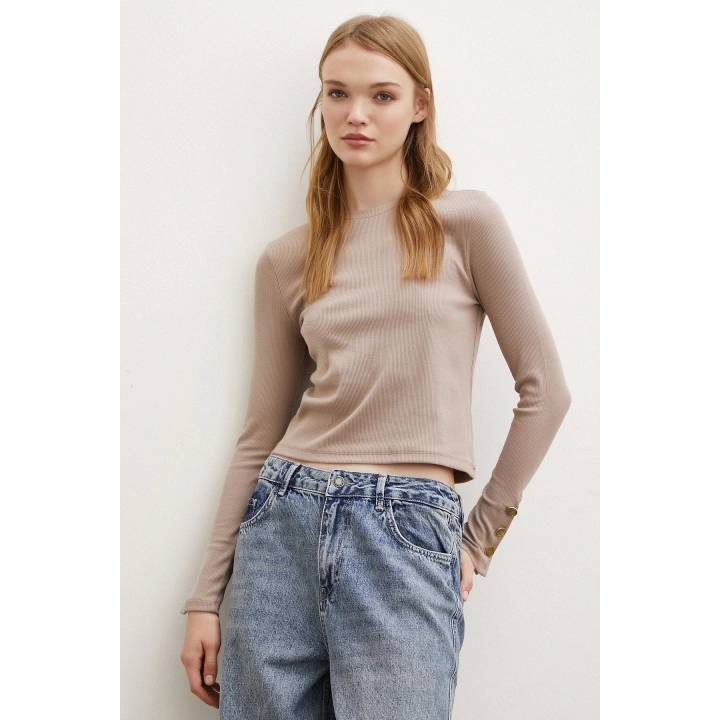 Kolu Düğmeli Bluz Vizon