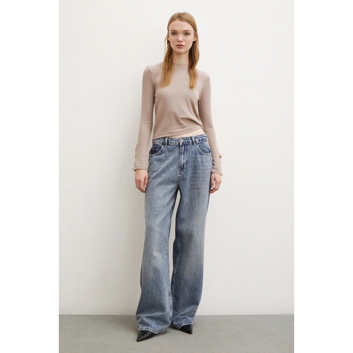 Kolu Düğmeli Bluz Vizon