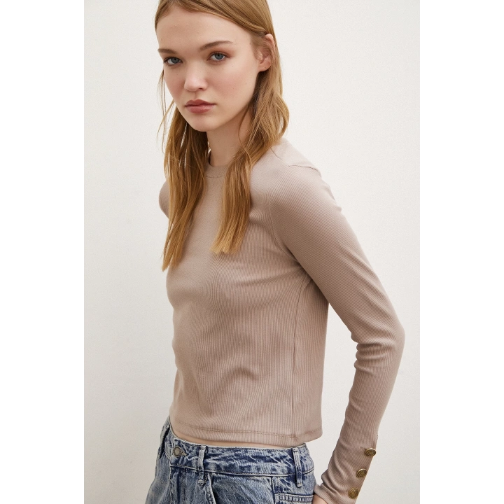 Kolu Düğmeli Bluz Vizon