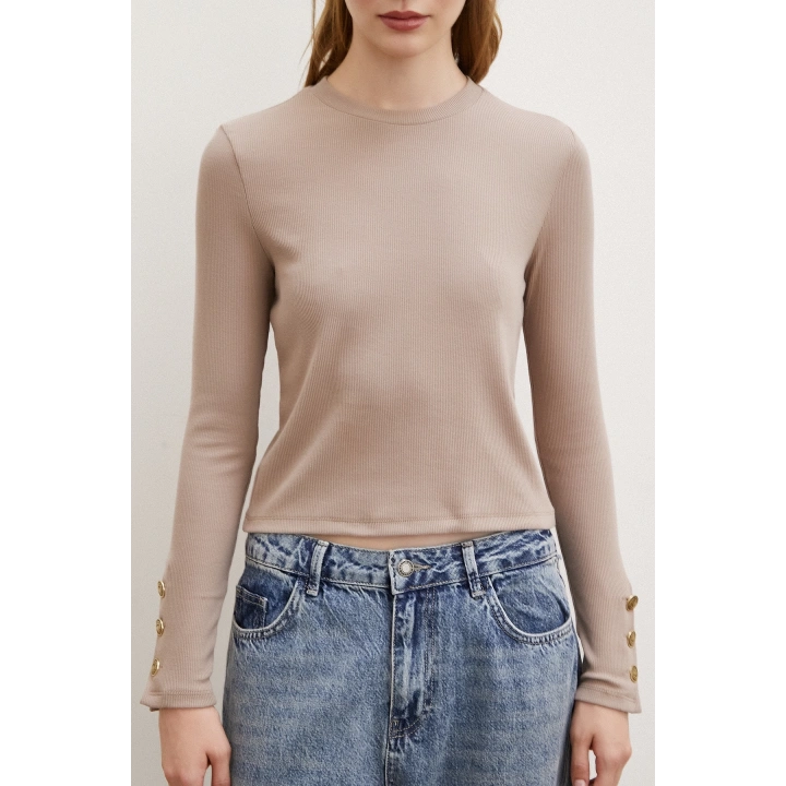 Kolu Düğmeli Bluz Vizon