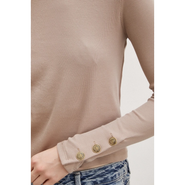 Kolu Düğmeli Bluz Vizon