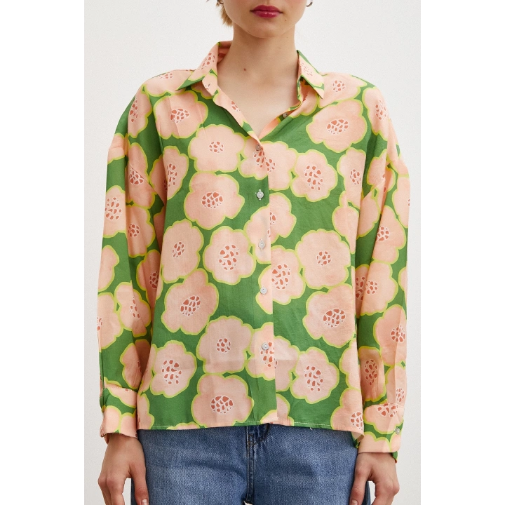Kontörlü Çiçek Desenli Gömlek Haki