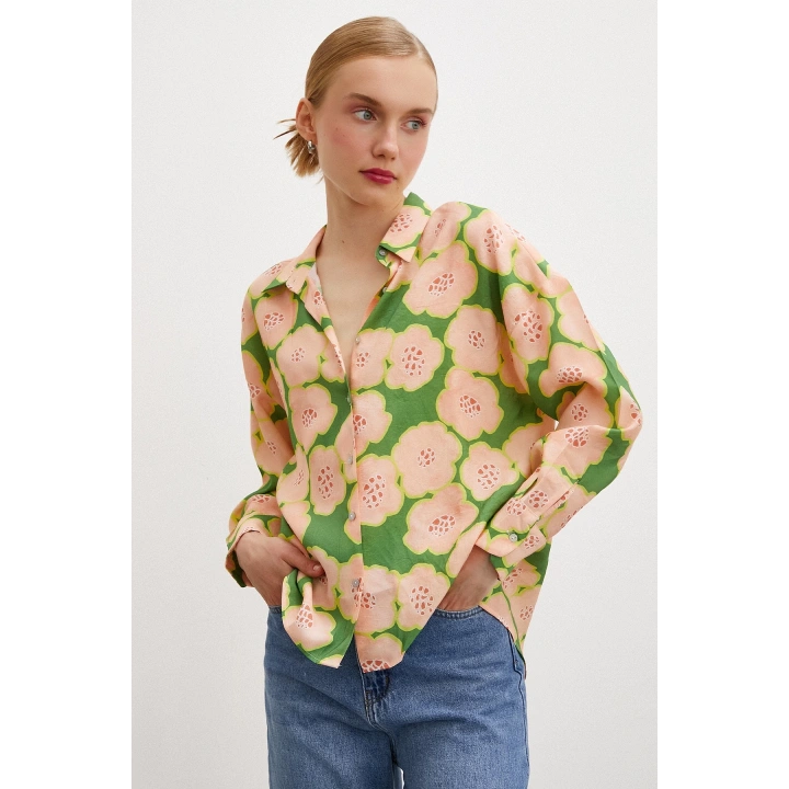 Kontörlü Çiçek Desenli Gömlek Haki