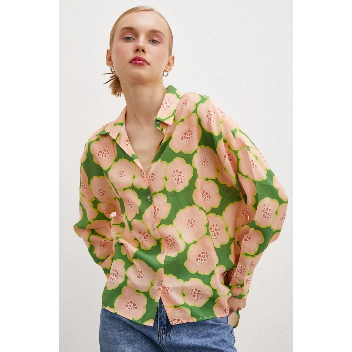 Kontörlü Çiçek Desenli Gömlek Haki
