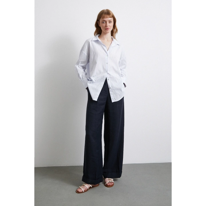 Kontrast Çizgili Gömlek Beyaz