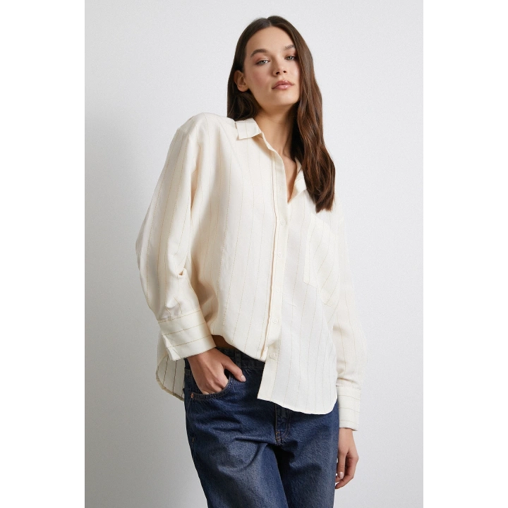 Kontrast Çizgili Modal Gömlek Bej