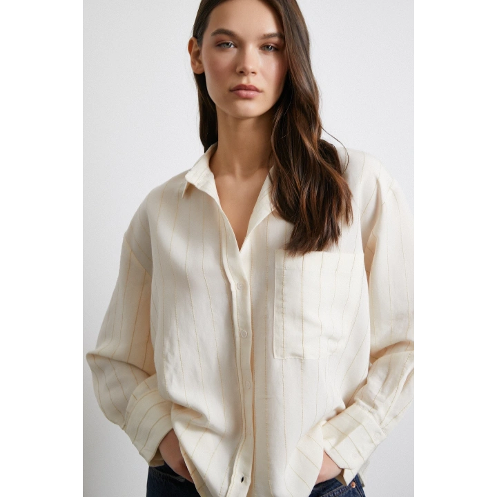 Kontrast Çizgili Modal Gömlek Bej