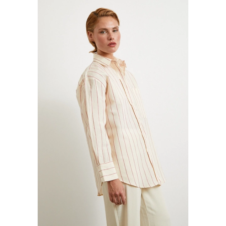 Kontrast Çizgili Modal Gömlek Fuşya