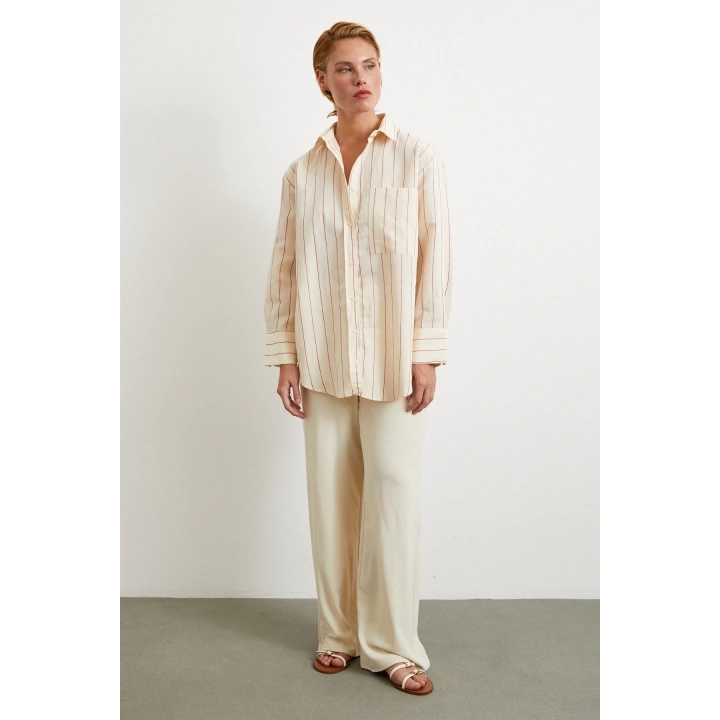 Kontrast Çizgili Modal Gömlek Fuşya