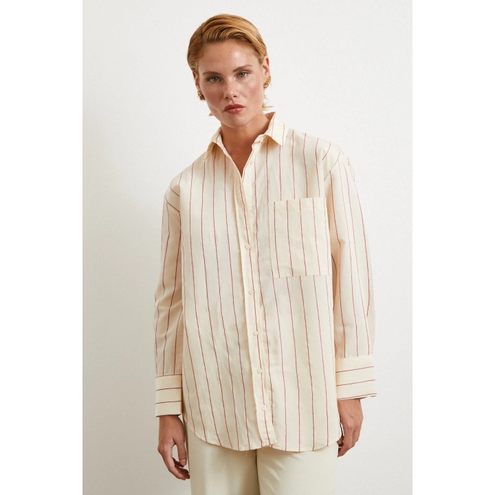 Kontrast Çizgili Modal Gömlek Fuşya