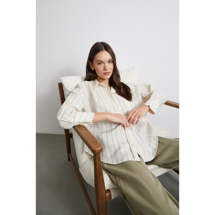 Kontrast Çizgili Modal Gömlek Haki