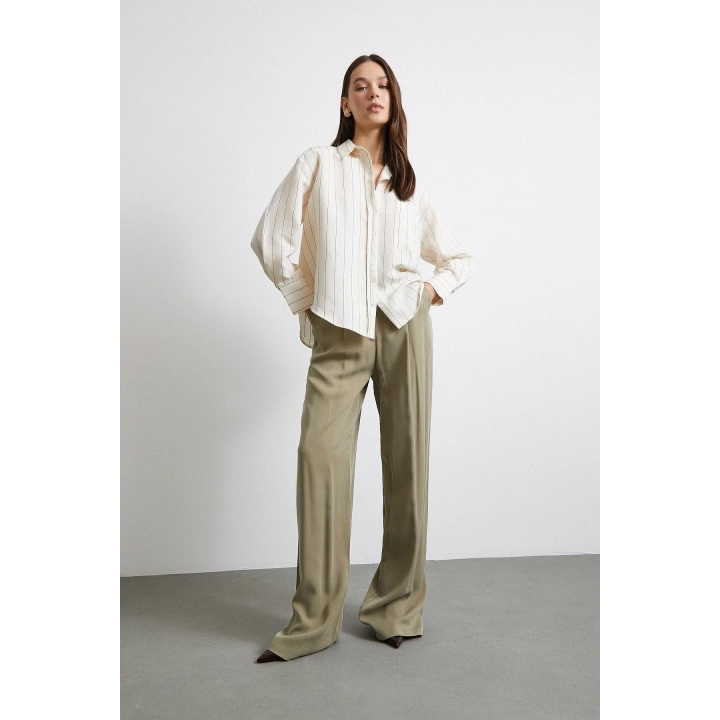 Kontrast Çizgili Modal Gömlek Haki