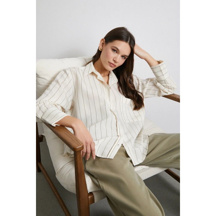 Kontrast Çizgili Modal Gömlek Haki