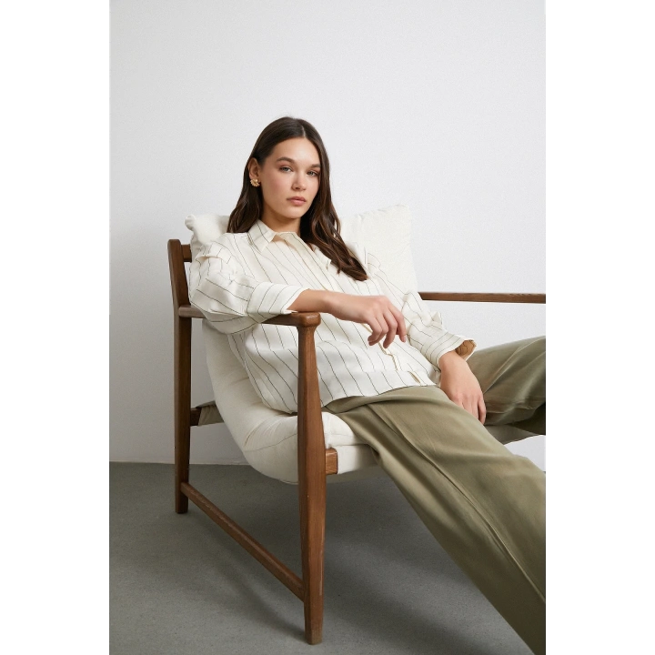 Kontrast Çizgili Modal Gömlek Haki