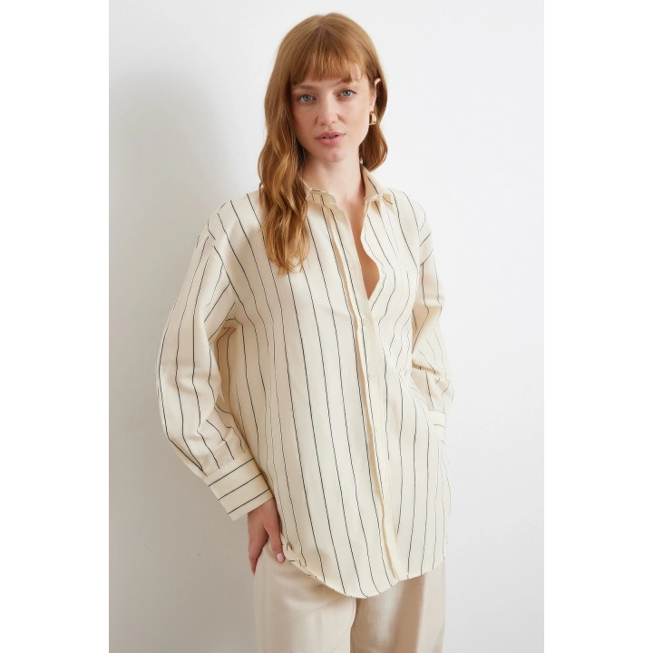 Kontrast Çizgili Modal Gömlek Siyah